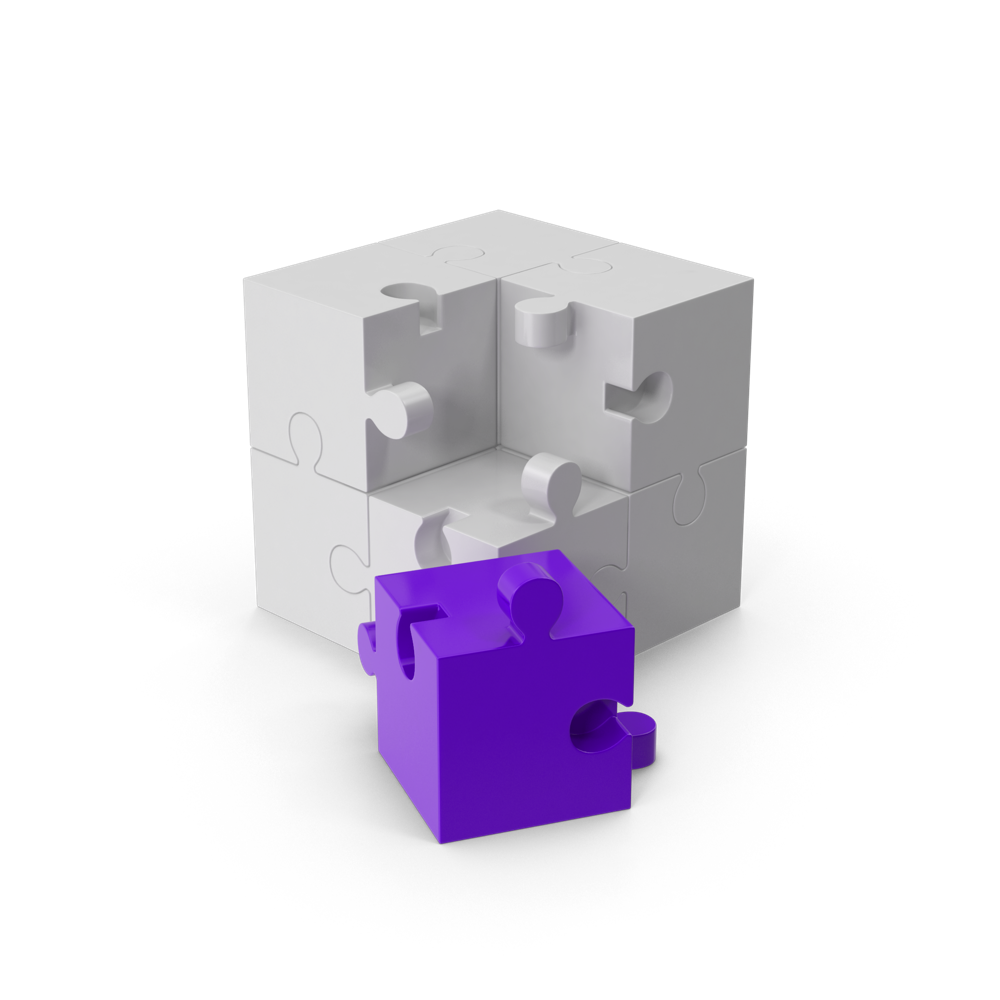 Four white puzzle blocks forming a cube with a purple piece completing it